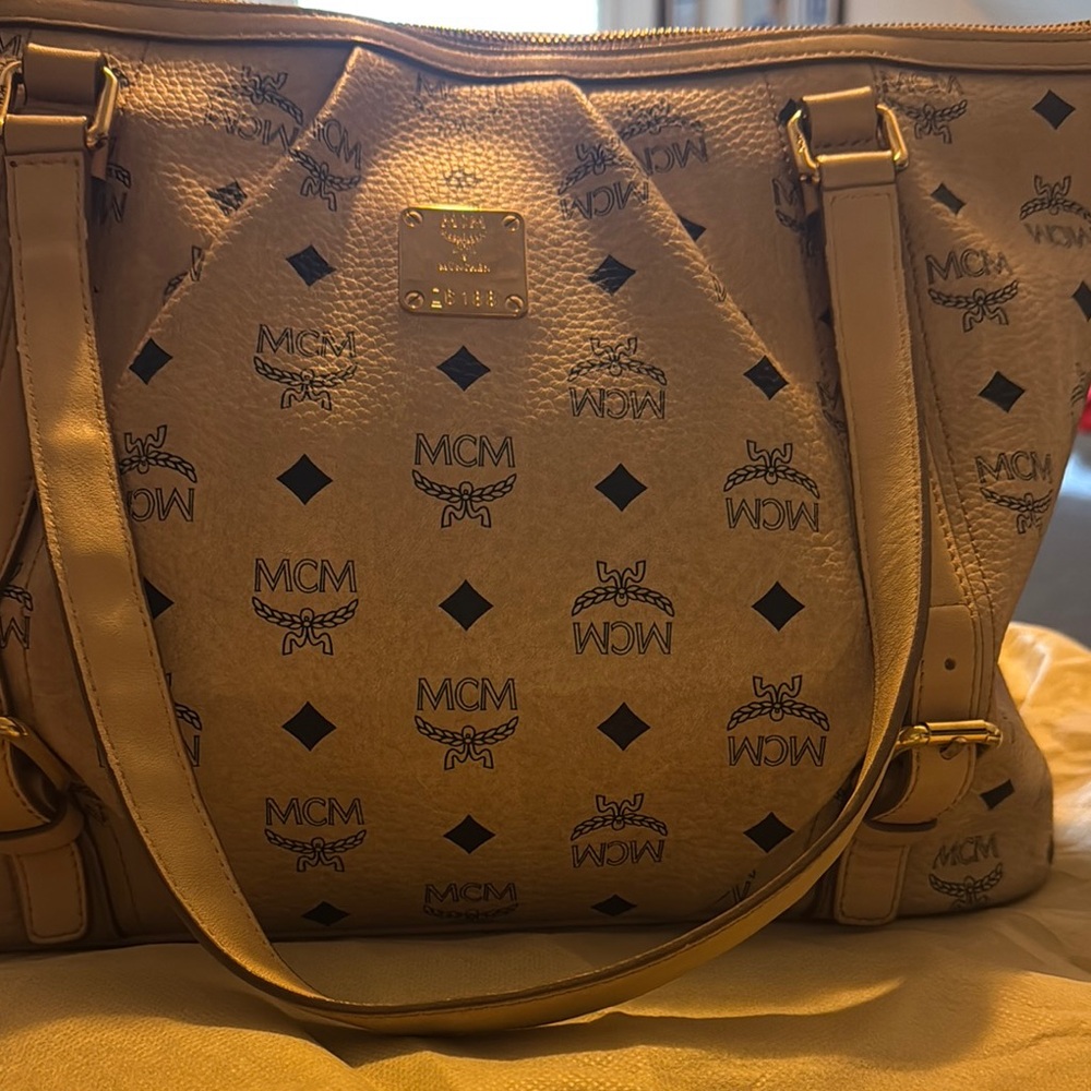MCM Tan Monogram Visetos Tote/Shoulder Bag with Gold Hardware Very Good Used Co